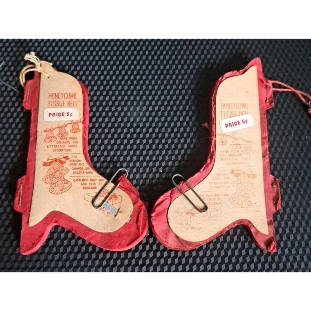 Vtg Fold Out Red Honeycomb Tissue Christmas Bells. Lot Of 2